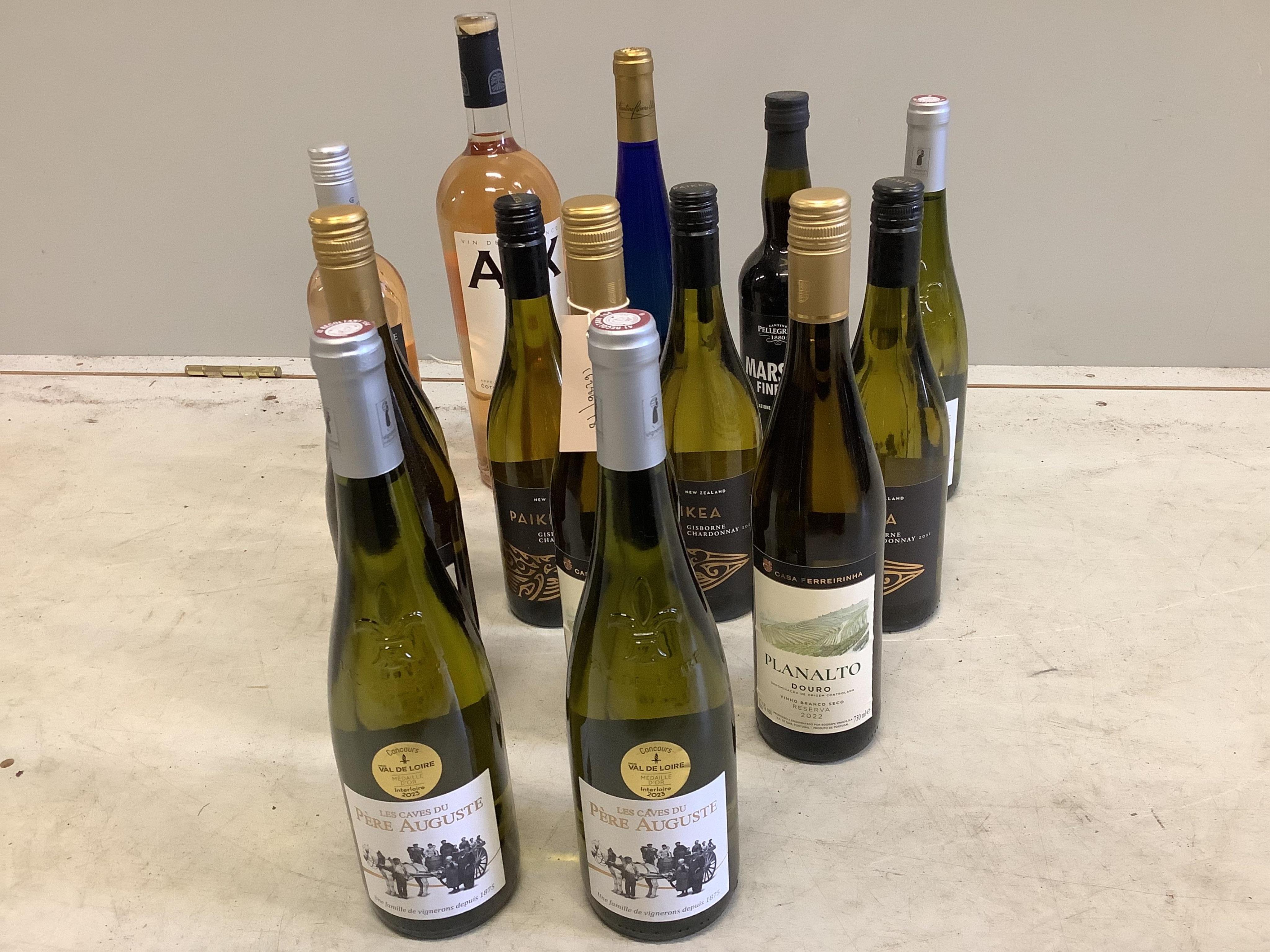 Four bottles of Paikea Gisborne Chardonnay, three bottles of Pere Auguste Val De Loire, a bottle of Pellegrino Marsala Fine I P and six assorted bottles of white and Rose wine (14). Condition - good, surplus stock from a